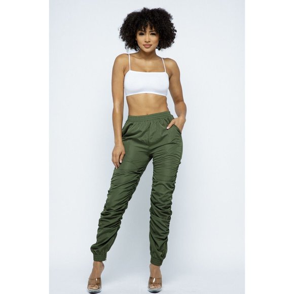Boutique Pants - Women's Elastic Waist Zip Leg Slash Pocket Ruched Windbreaker Jogger Pants